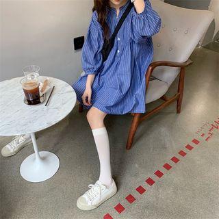 Striped Long-sleeve Dress Blue - One Size