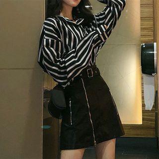 Set: Long-sleeve Striped Shirt + Zip Mini Fitted Skirt