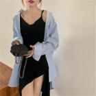 Long-sleeve Striped Shirt / Plain Strappy Midi A-line Dress