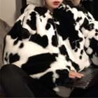 Cow Print Fleece Hooded Jacket Dairy Cow Pattern - Black & White - One Size