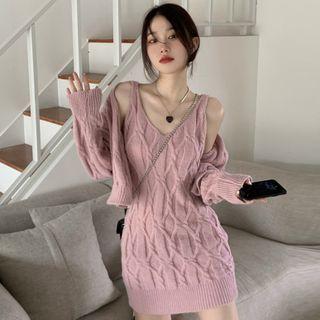 Set: Spaghetti Strap Knit Mini Bodycon Dress + Cardigan Pink - One Size