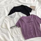 Plain Single-breasted Perforated Short-sleeve Knit Top