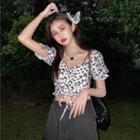 Puff-sleeve Floral Print Drawstring Blouse Black & White - One Size