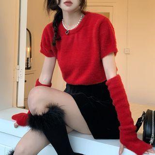 Set: Short-sleeve Knit Top + Arm Sleeves Top - Red - One Size