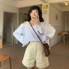 Mock Two-piece Asymmetrical Cold-shoulder Striped Shirt / Shorts