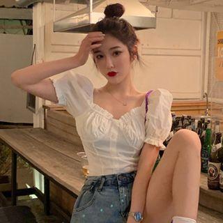 Plain Square Neck Puff-sleeve Blouse White - One Size