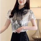Bow Accent Printed Short-sleeve Chiffon Blouse