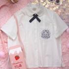 Short-sleeve Bear Embroidered Collar Strap Shirt White - One Size