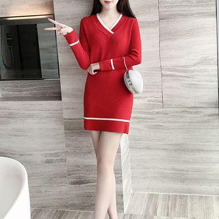 Knit Contrast Trim Long-sleeve Mini Dress