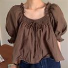 Square-neck Short-sleeve Top Dark Brown - One Size