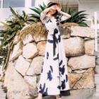 Set: Puff-sleeve Drawstring Cropped Top + Printed A-line Maxi Skirt