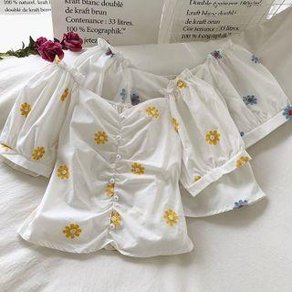 Off-shoulder Embroidered Puff-sleeve Blouse