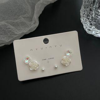 Set Of 3: Flower Faux Pearl Earring (assorted Designs) Set Of 3 Pair - Earrings - Rose - White - One Size