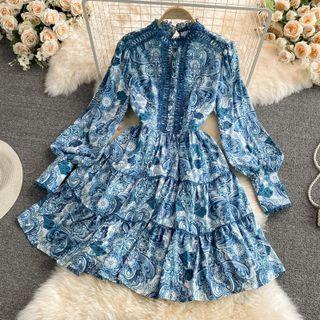 Lace Trim Printed Tiered Dress