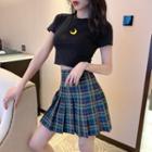 Crescent Embroidered Short-sleeve Cropped T-shirt / Plaid Mini Pleated Skirt