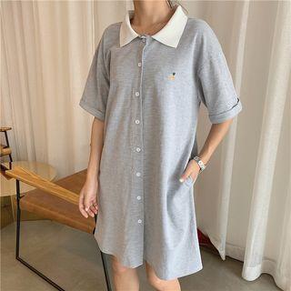 Embroidered Single-breasted Polo-neck Midi Dress