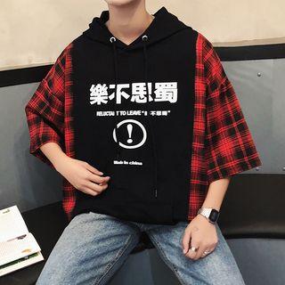 Elbow-sleeve Lattice Print Lettering T-shirt