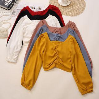 Plain Square-neck Long-sleeve Crop Top