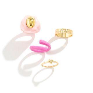 Set Of 4: Ring + Open Ring Set - Pink & Gold - One Size
