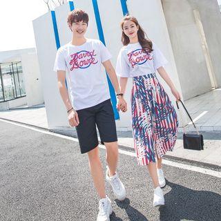 Couple Matching Striped Printed A-line Midi Skirt / Shorts