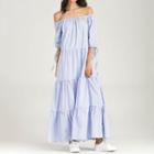 Striped Off Shoulder Elbow Sleeve Tiered Maxi Dress