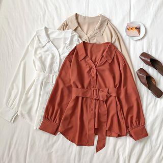Tie-waist Single-breasted Long-sleeve Blouse