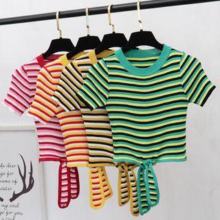 Striped Short-sleeve Bow-front Cropped Knit Top