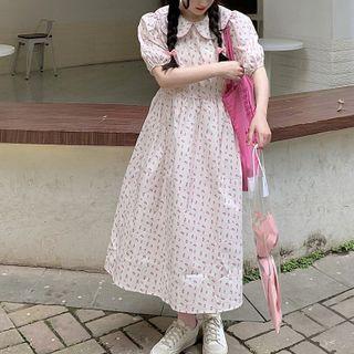 Puff-sleeve Collared Floral Print Maxi A-line Dress Pink & White - One Size