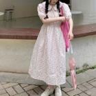 Puff-sleeve Collared Floral Print Maxi A-line Dress Pink & White - One Size