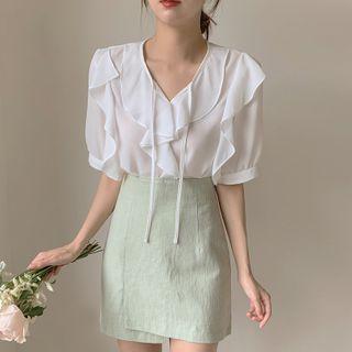 Short-sleeve Ruffle Trim Tie Neck Blouse / High-waist Asymmetric Skirt