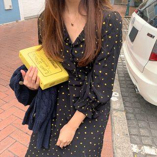 Heart Print Long-sleeve A-line Dress Black - One Size