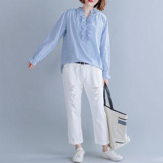 Striped Flower Trim V-neck Shirt Light Blue - L