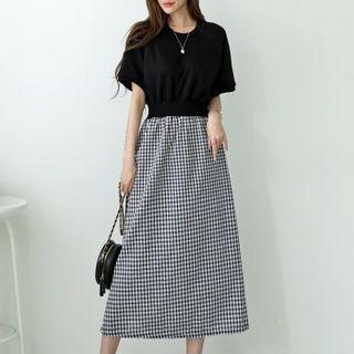 Gingham-panel Maxi A-line Dress