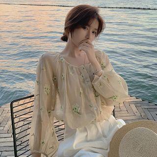 Long-sleeve Floral Embroidered Mesh Blouse As Shown In Figure - One Size