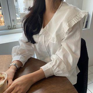 Ruffle Lapel Long-sleeve Shirt White - One Size