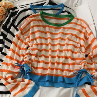 Striped Drawstring-side Light Knit Top