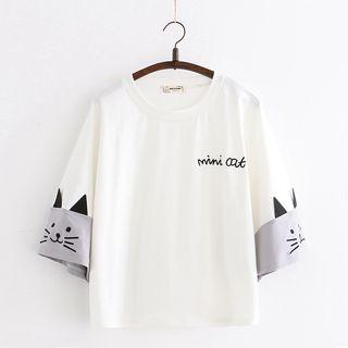 Cat Face Elbow-sleeve T-shirt