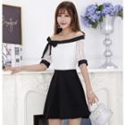 Off-shoulder Bow Accent Elbow-sleeve A-line Dress