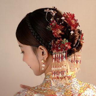 Set: Flower Faux Crystal Fringed Hair Stick + Earring + Headpiece