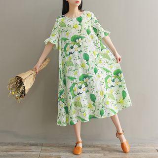 Flower Print Short-sleeve Sundress With Sash