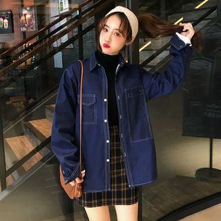 Fleece-lining Oversized Denim Shirt Blue - One Size