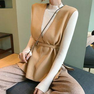 Long-sleeve Mock Neck Knit Top / Tie-waist Vest