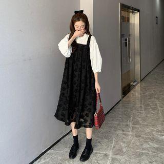 Puff-sleeve Buttoned Blouse / Floral Mesh A-line Midi Pinafore Dress