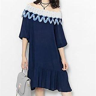 Lace Applique Ruffle Trim Elbow Sleeve Dress