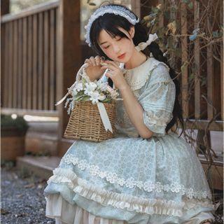 Elbow-sleeve Ruffle Trim A-line Dress / Arm Sleeve