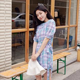 Puff-shoulder Wrapped Plaid Minidress