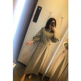 Long-sleeve Maxi Hounstooth A-line Dress