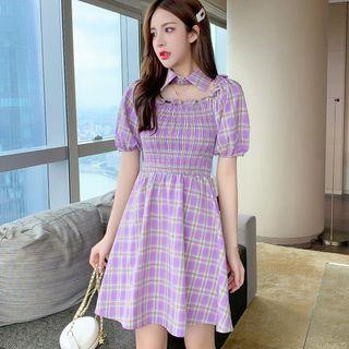 Puff-sleeve Plaid Shirred A-line Dress