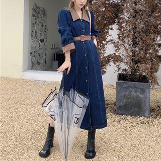 Long-sleeve Denim Midi Collared Dress