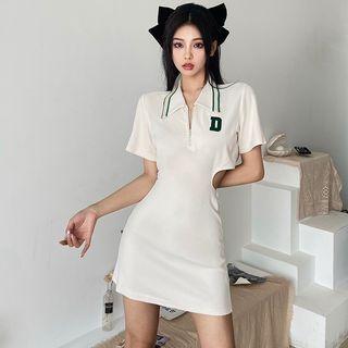 Short-sleeve Collar Lettering Cutout Mini Sheath Dress
